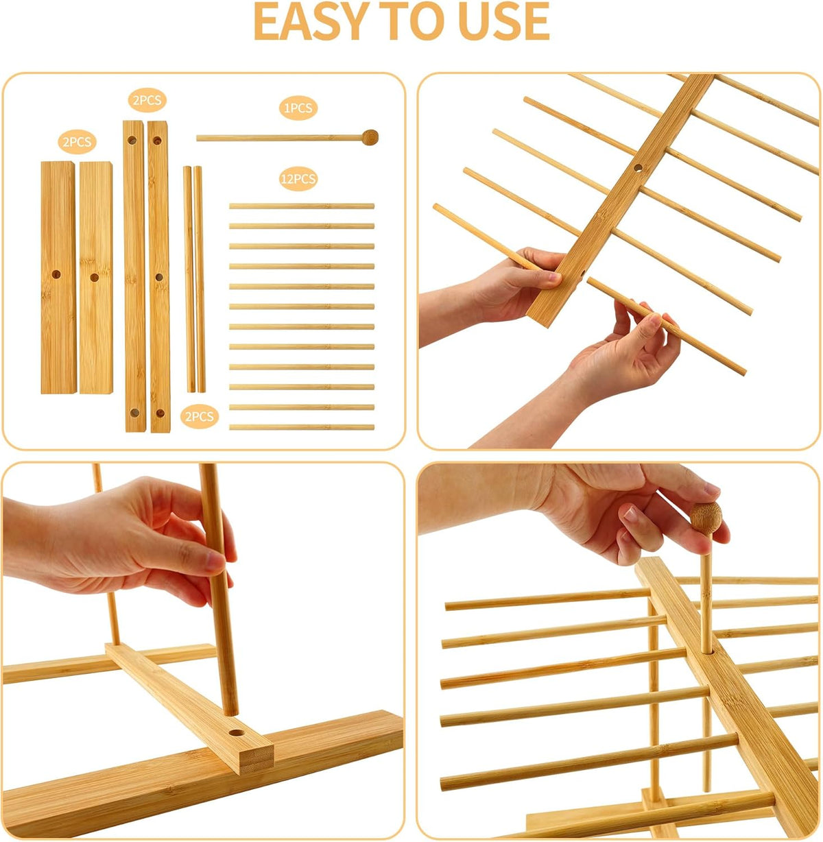 Bamboo-Pasta-Drying-Rack with Transfer Wand & 12 Arms, Large Collapsible Fresh Pasta Dryer Holder for Homemade Noodle, Spaghetti, Tagliatelle, Detachable Fettuccine Hanger Stand with 12 Bars