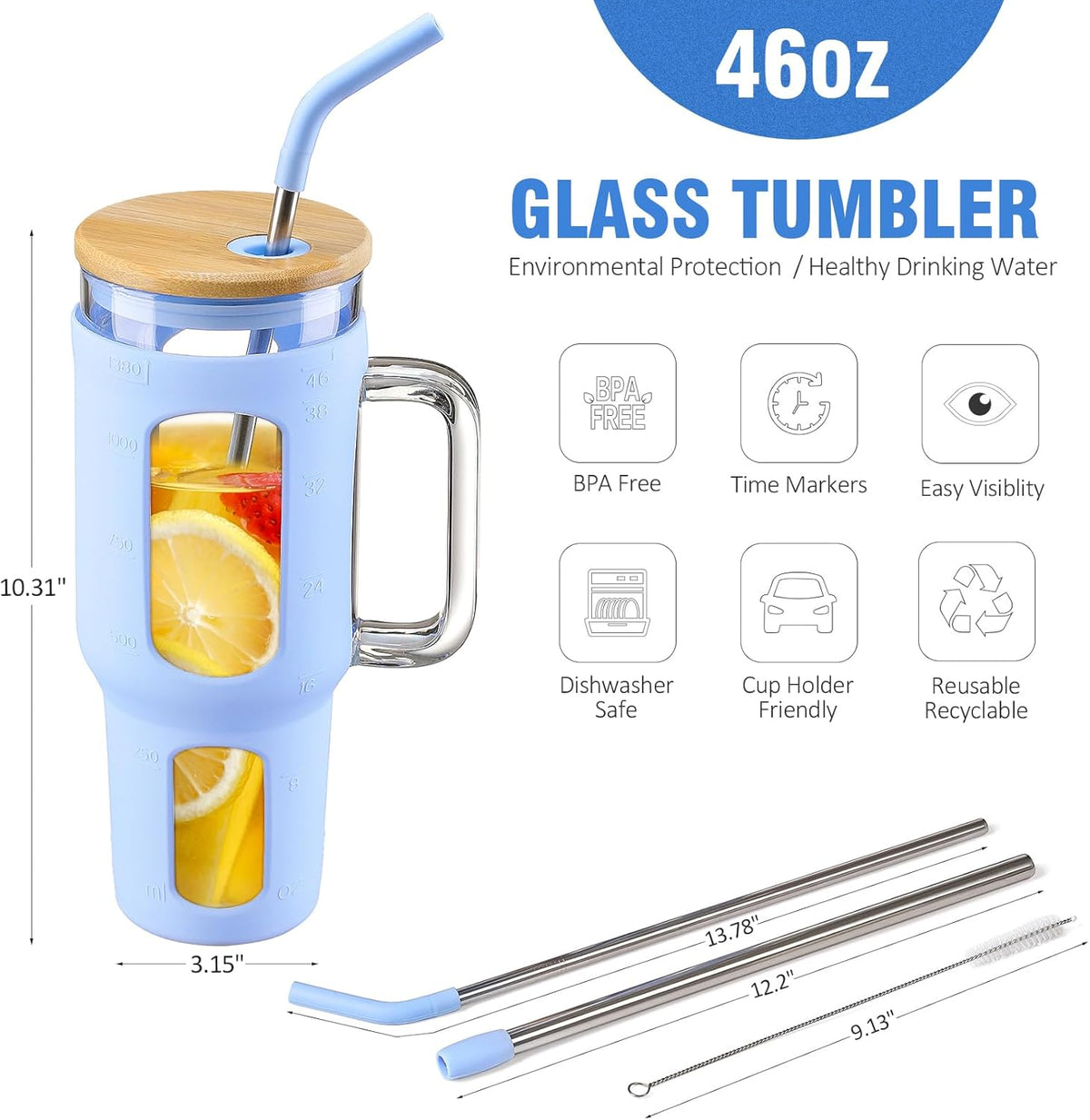 Glass Tumbler with Lid and Straw, 46 oz Iced Coffee Cup with Handle, Large Water Bottles with Silicone Sleeve, Glass Cup with Straws - Pearl Straw & Drinking Straw BPA Free-Glacier