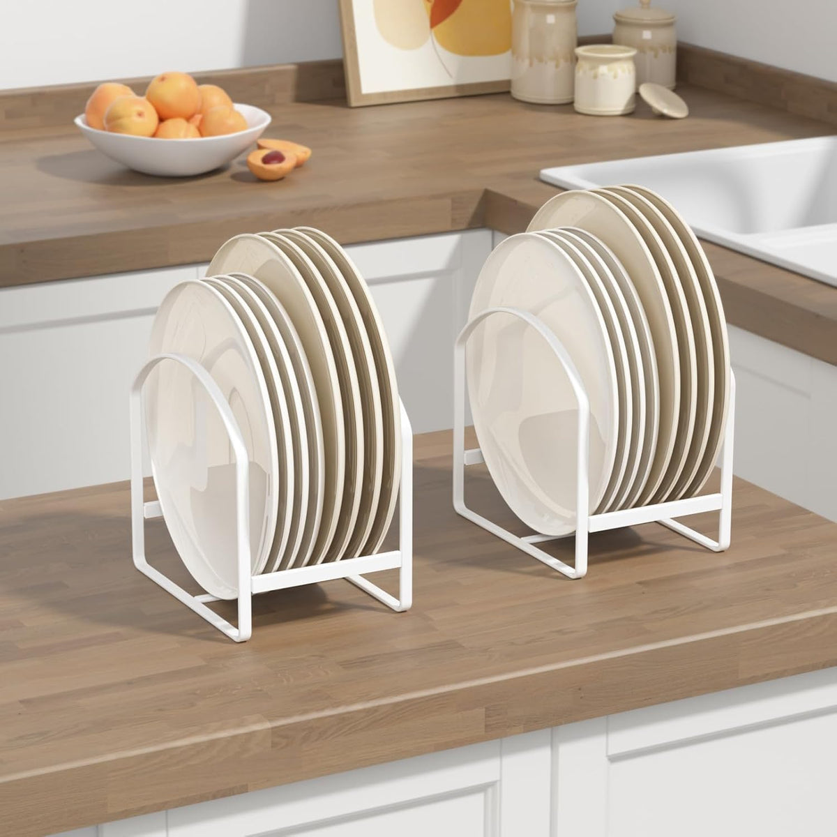 2 Pack Kitchen Plate Holder Organizer for Cabinet Space Saver Dinner Dish Storage Rack Upright Dish Drying Racks Metal Plate Dish Racks Stand for Cupboard and Countertop Rustproof Large White