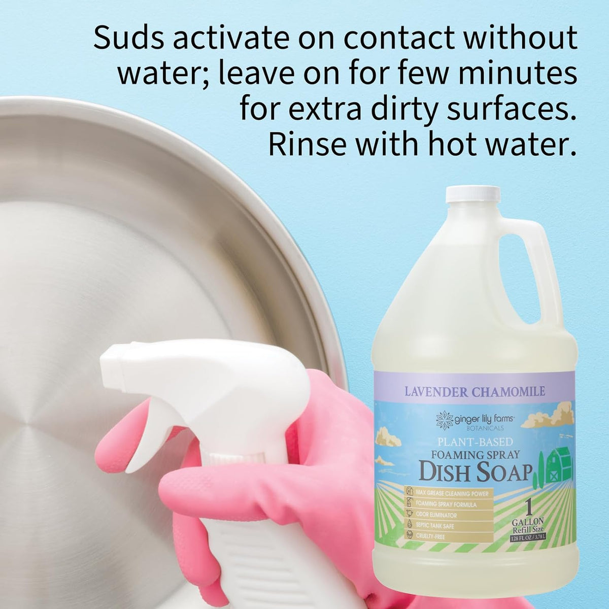 Ginger Lily Farms Botanicals Plant-Based Foaming Spray Dish Soap, Concentrated Formula with Max Grease Cleaning Power, Cruelty-Free, Lavender Chamomile Scent, 1 Gallon Refill (128 Fl Oz)