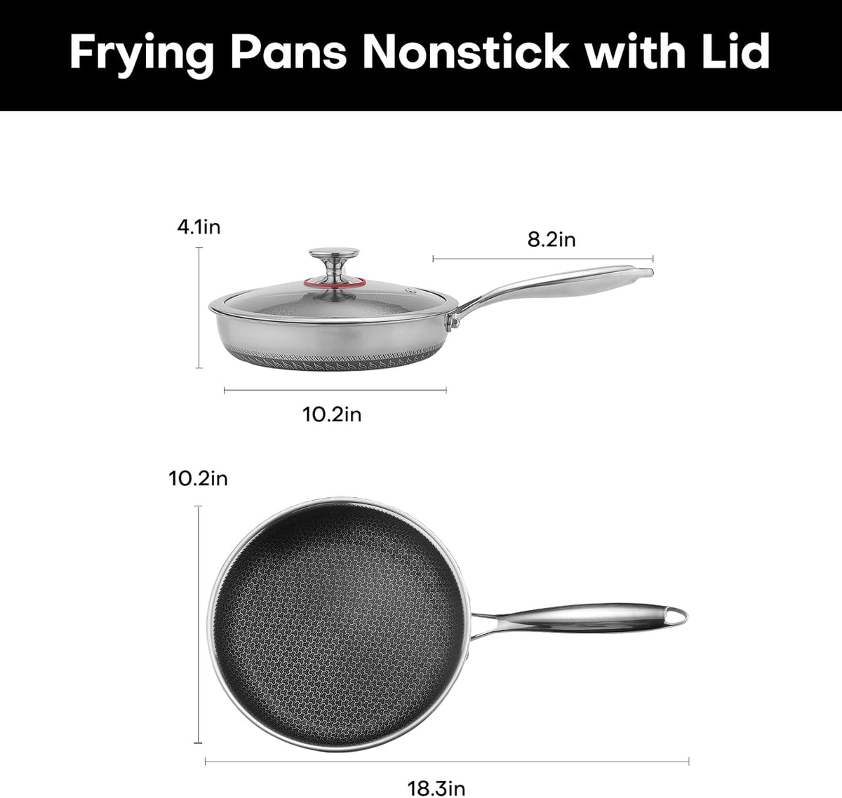 Lazycorner Non Stick Frying Pans Skillet with Lid, 10 Inch Stainless Steel Kitchen Cookware Pot, Non toxic Healthy Induction Compatible PFAS PTFE PFOA PFOS Free