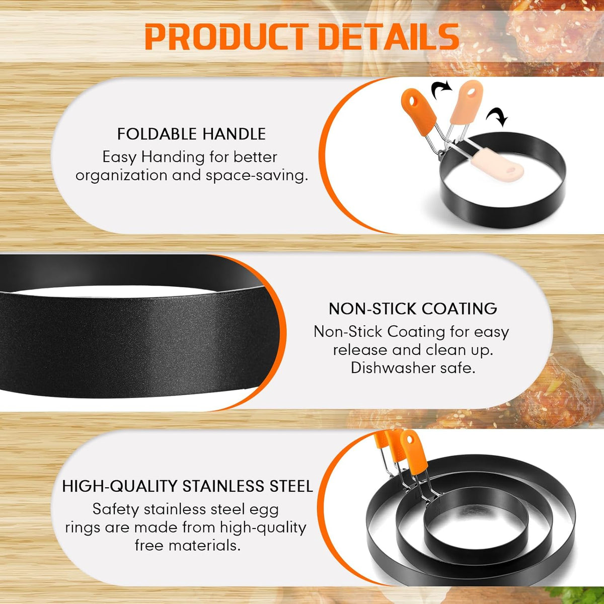 Patelai 6 Pcs Egg Ring Pancake Ring Set Stainless Steel Fried Egg Molds Griddle Pancake Shapers with Silicone Handle for Breakfast Omelette Sandwich(Assorted Style,4 Inch, 6 Inch, 8 Inch)