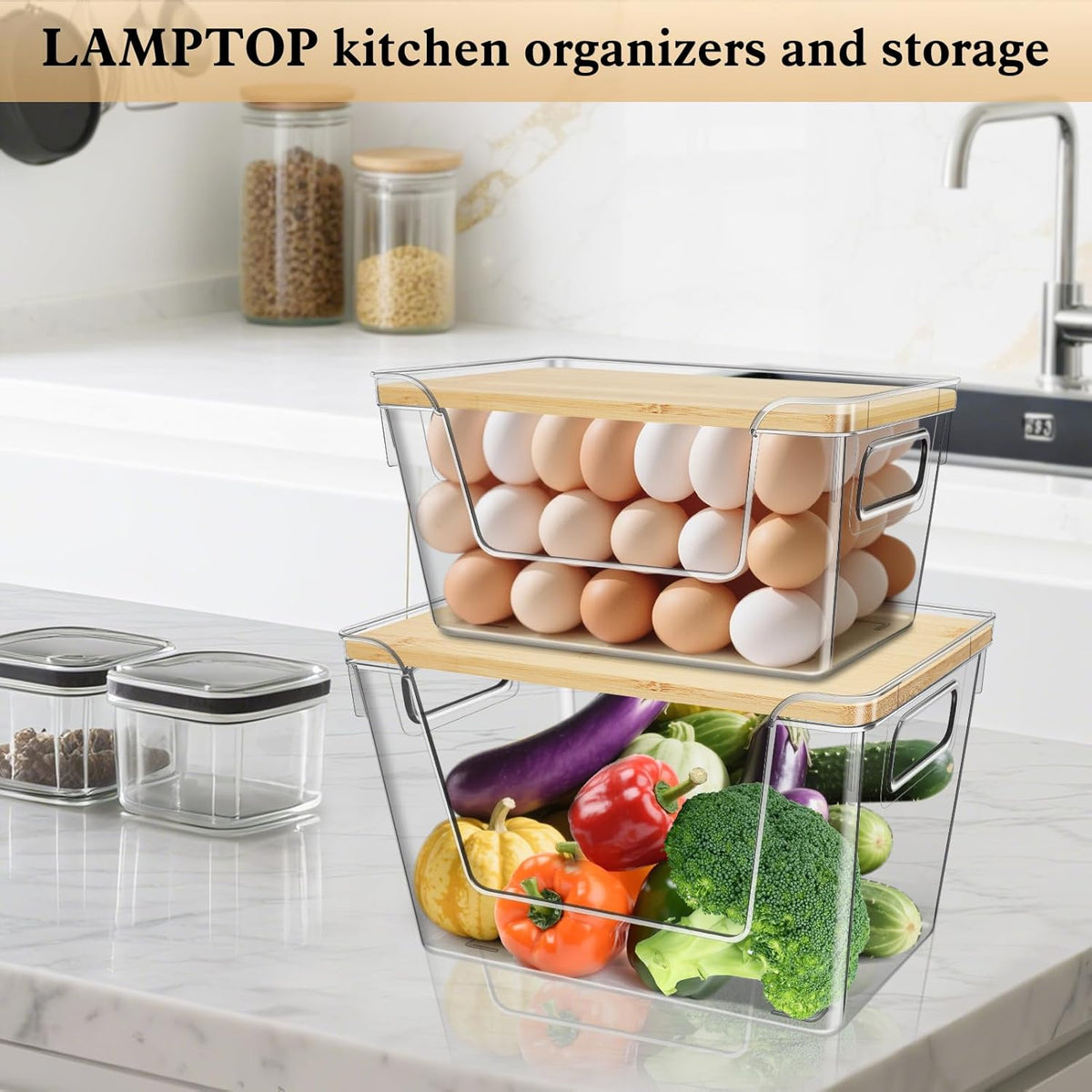 4 Set Stackable Storage with Removable Bamboo Cover, Plastic Container for Kitchen Organizers, Clear Front Open More Easy Access Bins Storage for Pantry, Potato, Onion, Garlic, Fruits, Vegetable