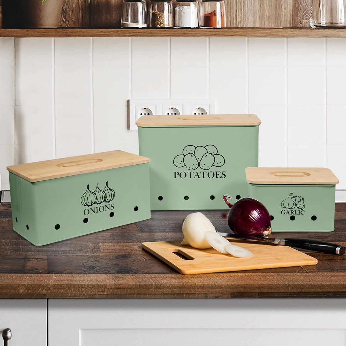 Canister Sets for Kitchen Counter, Kitchen Canisters Set of 3 for Potato Onion Garlic, Kitchen Storage Bin Jars Pots with Aerating Tin Storage Holes & Wooden Lid (Green)