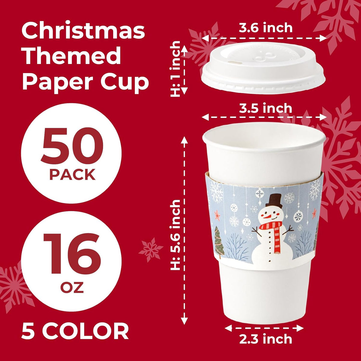 Fit Meal Prep 50 Pack 16 oz Christmas Disposable Coffee Cups with Lids, Sleeves, Leak-Proof To Go Coffee Cups with Lids, Durable Holiday Hot Paper Cups for Home, Office, Party, Business
