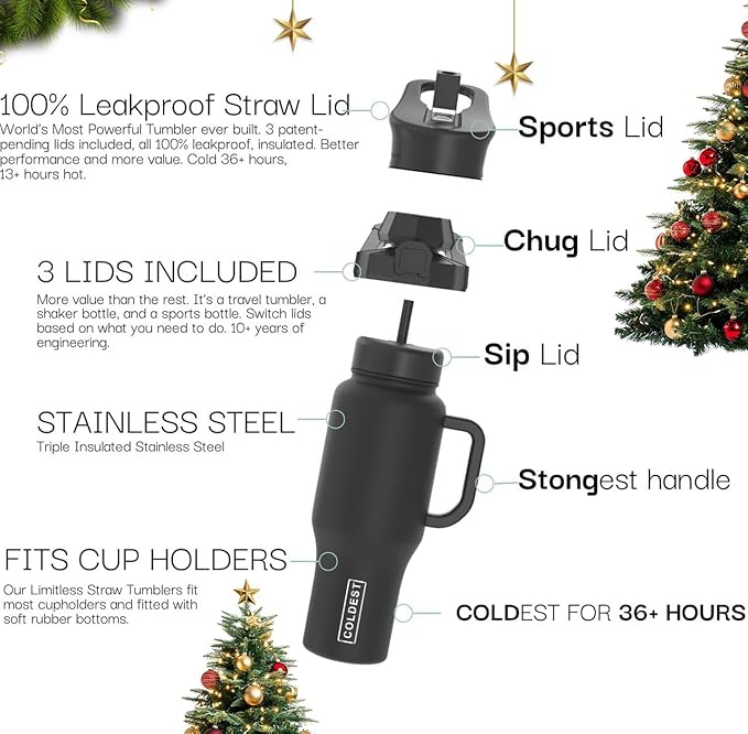Coldest Tumbler with Handle and Straw - 100% Leak Proof Insulated Tumbler with Lid and Straw (3 Lids) - Stainless Steel Tumblers for Women & Men - Cup Holder Friendly Base, 36 oz (Ghosts)