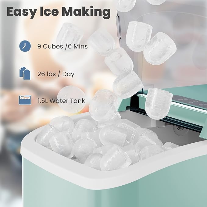 DUMOS Countertop Ice Maker with Handle, 26lbs/24H Portable Ice Machine, 9 Bullet Cubes Ready in 6 Mins, Self-Cleaning, Quiet Compact for Home, Kitchen, RV, Camping, Green