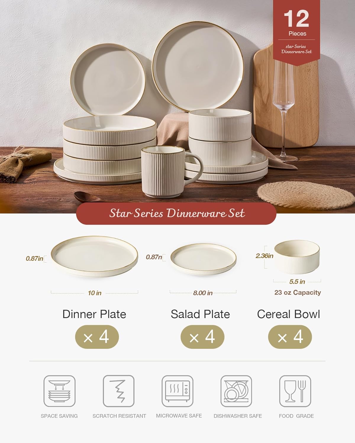 Famiware Star Dinnerware Set, Plates and Bowls Sets for 4 (12pcs), Ribbed Stoneware Dishes - Chip & Scratch Resistant, Microwave & Dishwasher Safe Tableware, Vanilla White