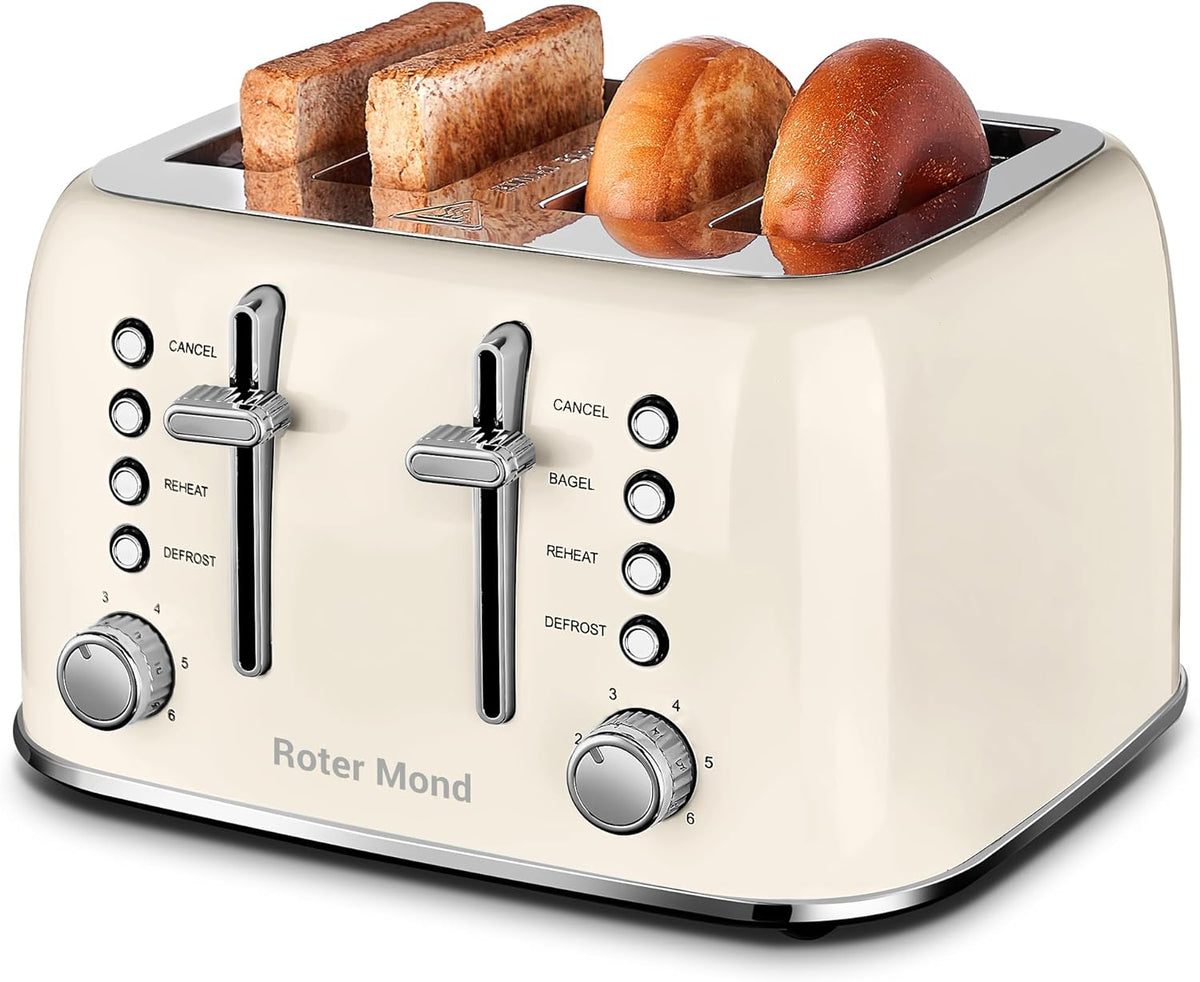 Toaster 4 Slice Retro Stainless Steel with Extra Wide Slots Bagel, Defrost, Reheat Function, Dual Independent Control Panel, Removable Crumb Tray, 6 Browning Levels, Cream White
