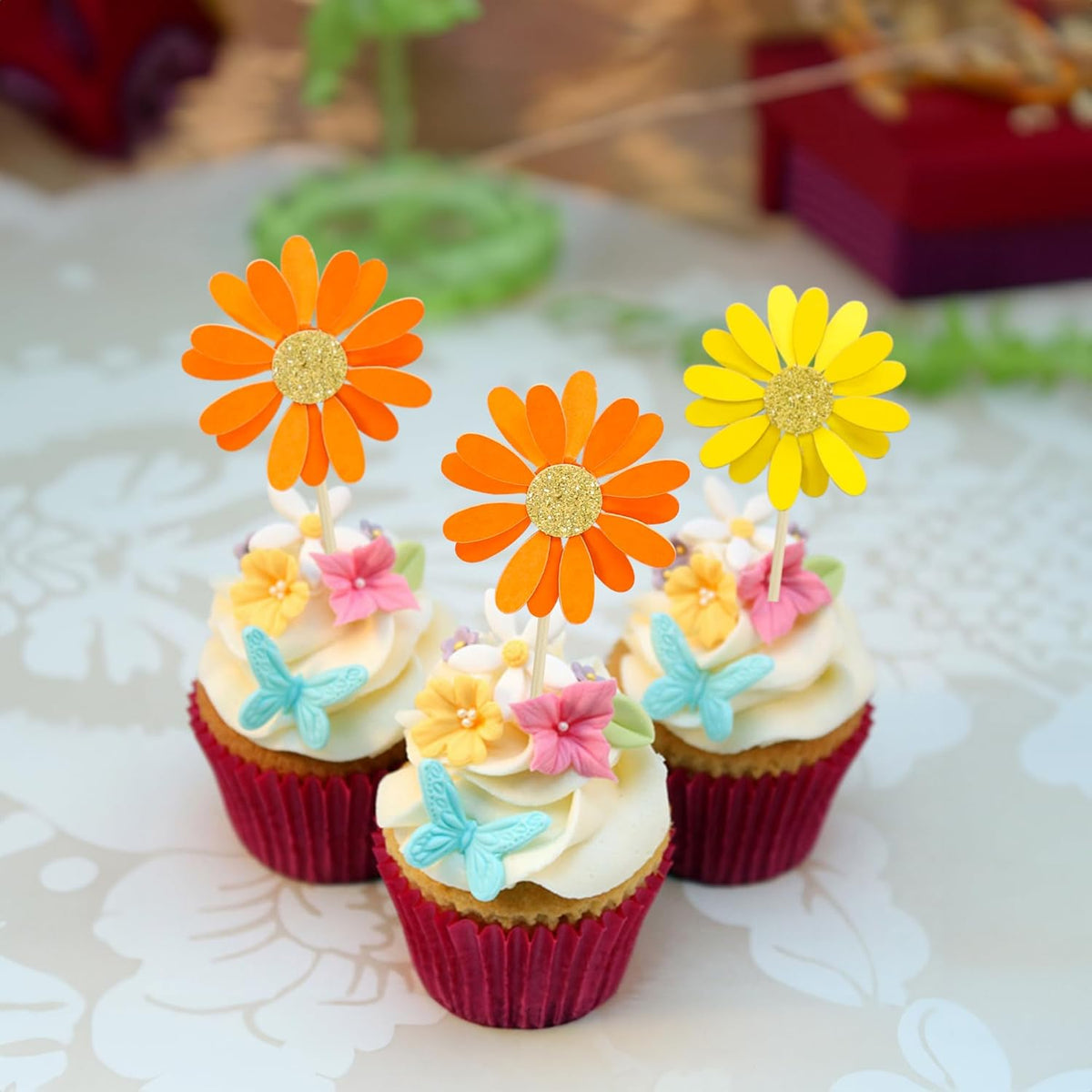 Ephlyn 24Pcs Orange Daisy Cupcake Toppers Flower Cake Toppers Daisy Cake Decorations Chrysanthemum Cupcake Toppers Spring Daisy Flower Cake Picks for Birthday Wedding Supplies