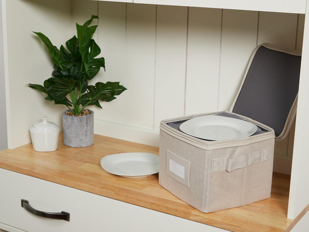 Covermates Keepsakes Dish Storage Box - Stackable, Reinforced Handles, China Storage, Beige Heather