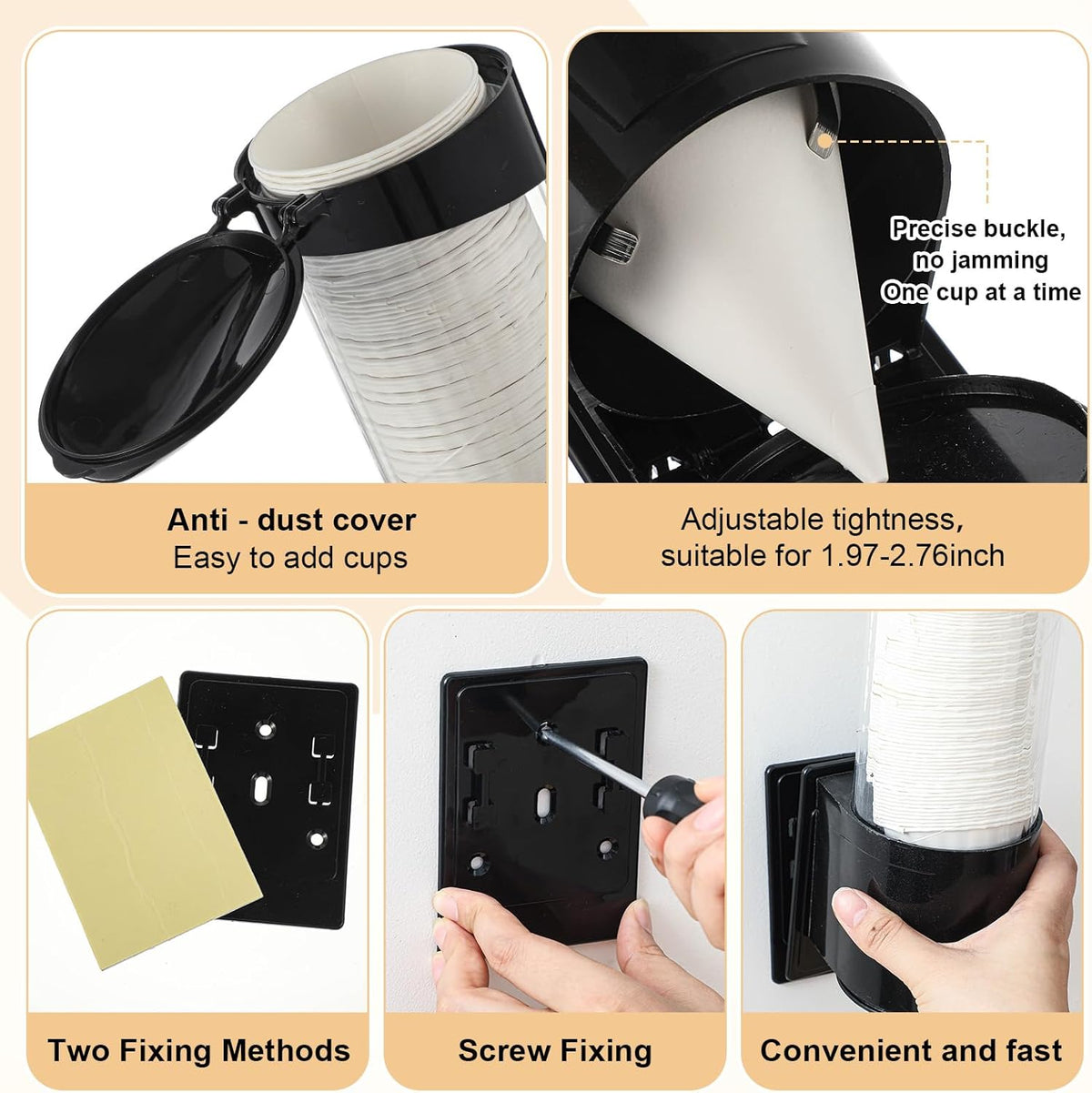 Roshtia 2200 Pcs 4 oz Paper Cone Cups Thicken Disposable with 1 Cups Dispenser Pull Type Wall Mount Cup Holder Paper for Restaurants, Home, and Office, and Shaved Ice, Cold (Black)