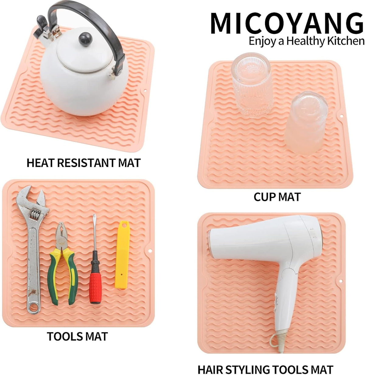 Silicone Dish Drying Mat for Multiple Usage,Easy clean,Eco-friendly,Heat-resistant Silicone Mat for Kitchen Counter or Sink,Refrigerator or Drawer liner Pink M 12 inches x 12 inches