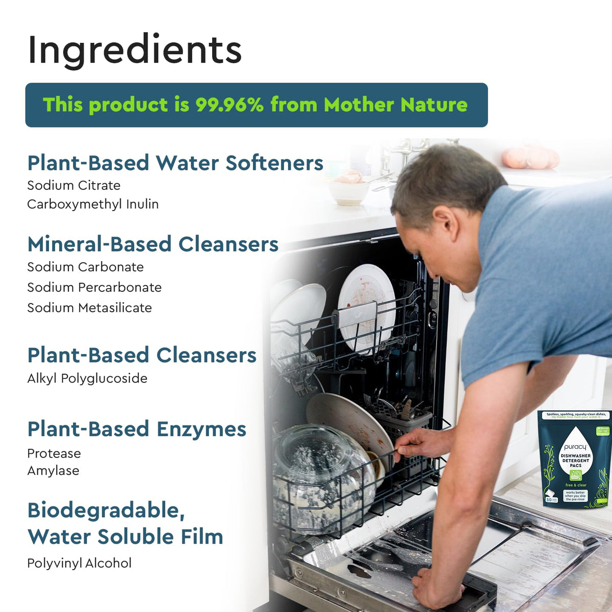 Puracy Dishwasher Pods, Natural Dishwasher Detergent, Free & Clear Dish tabs - Enzyme-Powered, Spot & Residue Free - TikTok Trend Items, Must Haves from TikTok Made Me Buy It (Free & Clear, 100 Count)