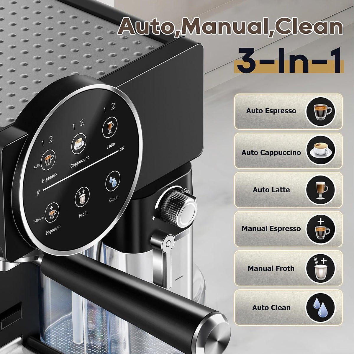 CUSIMAX Expresso Coffee Maker with Milk Frother, Cappuccino Machine Makes Espresso, Cappuccino, and Lattes with One-Touch Ease, and the Manual Mode Makes Creative Coffees with Cleaning Function