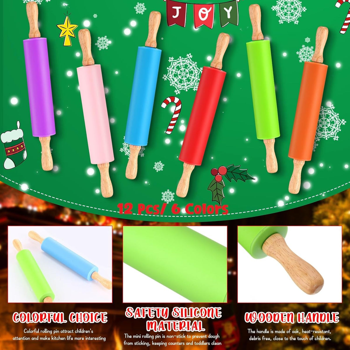 Dandat Small Rolling Pin Kids 12 Inch Mini Silicone Rolling Pin for Baking Non Stick Kids Dough Roller with Wooden Handle for Kitchen Cookie Pastry Fondant Cake 6 Colors (12 Pcs)