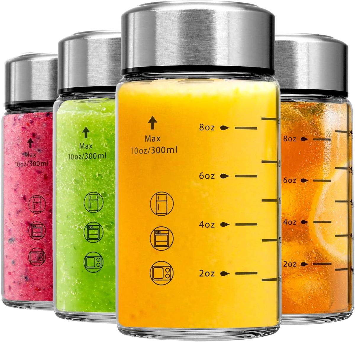 Glass Juice Bottles 4 Pack 10 oz - Wide Mouth Glass Water Bottles with Lids - Borosilicate,Stainless Steel Lids for Juicing, Smoothies, Infused Water, Beverage Storage, Leakproof, Reusable,BPA Free