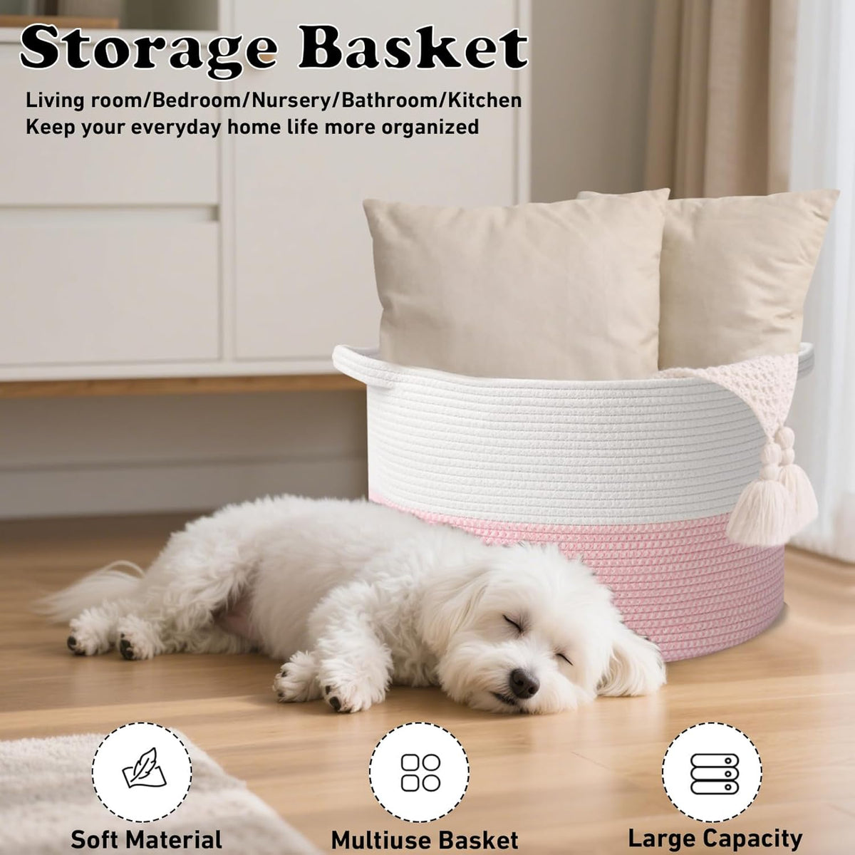 Large Blanket Basket for Organizing,65L Closet Organizers and Storage Bins Box for Shelves Woven Rope Storage Baskets,Living Room,Bedroom,Dorm,Laundry room (White&Pink)