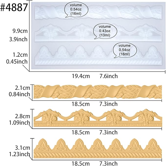 Art Molds for Polyclay Air Dry Clay Plaster Epoxy Resin Fondant Cake Decor 3 Border Trimmings