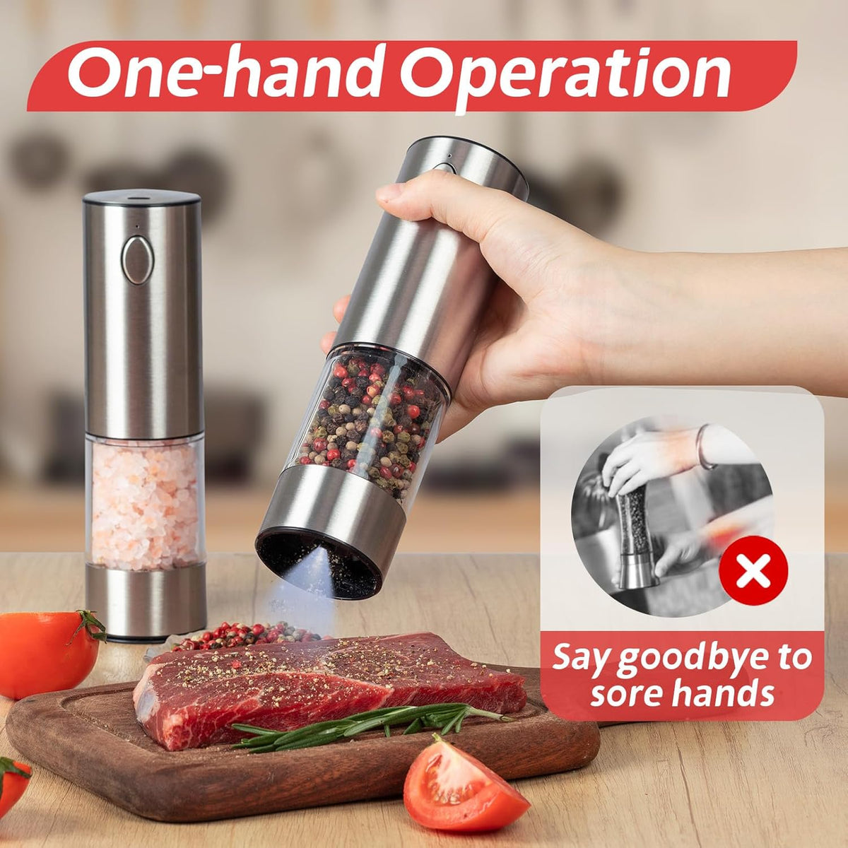 Electric Salt & Pepper Grinder Set (2 Pack) – USB Rechargeable, Adjustable Coarseness, One-Handed Operation with LED Light – Automatic Spice Mill Shaker for Kitchen, Dining, or Camping
