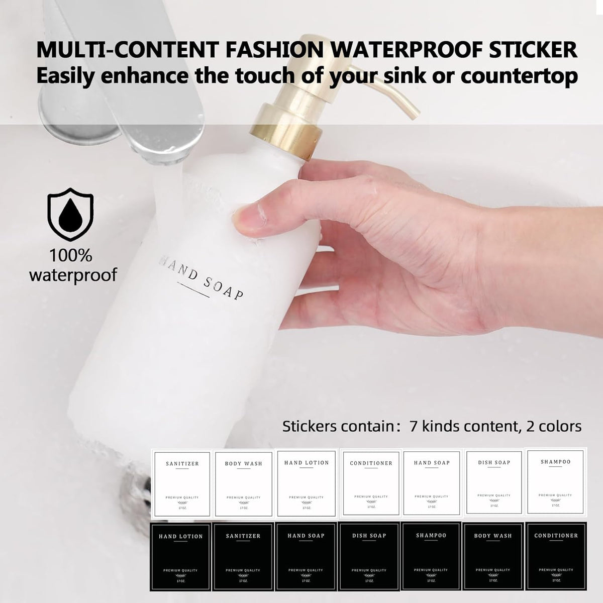 Thick Glass Soap Dispenser - Kitchen Dish Hand Soap Dispenser Set,Rustproof Pump Soap Lotion Dispenser Bathroom with Tray,14 Stickers for Kitchen Decor White Bottle/Gold Pump