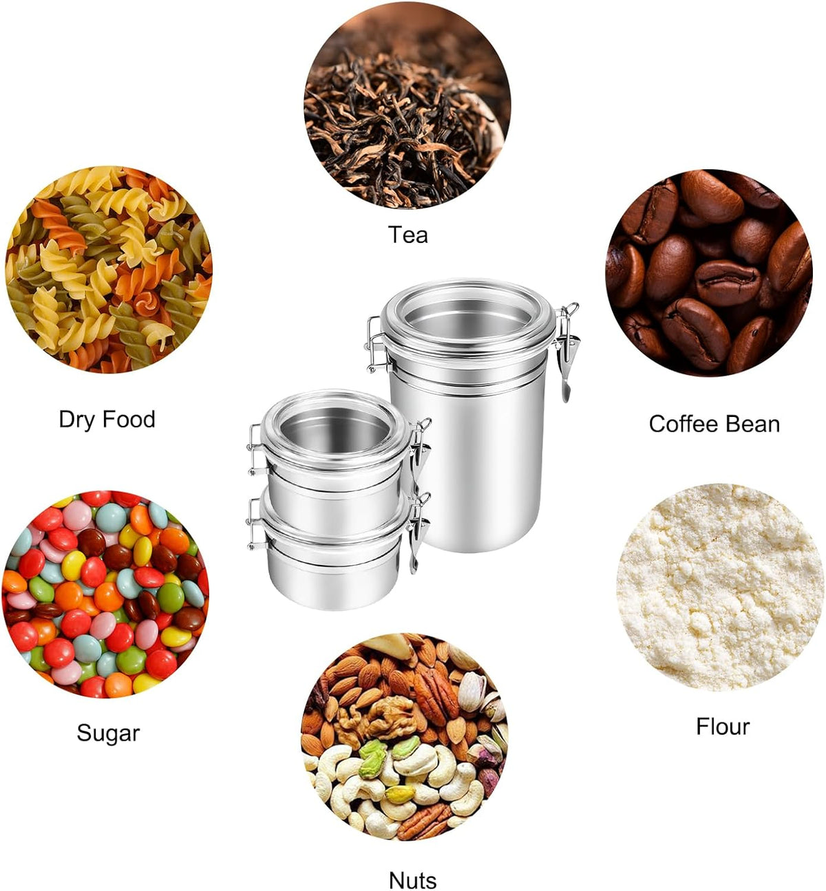 Airtight Coffee Canister, Coffee Storage Containers, Stainless Steel Kitchen Food Storage Jar for Grounds Coffee, Beans, Tea, Sugar, Flour, Cereal (Silver-1.8L*1+1.2L*2)