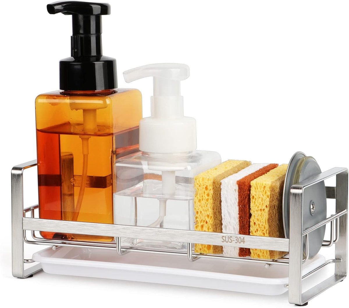 FANGSUN Large Kitchen Sponge Holder, Sink Caddy, Sponge Brush Soap Holder with Removable Tray, Not Include Soap Dispenser, Sliver
