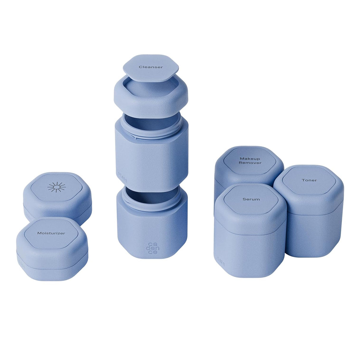 Cadence Travel Containers - Full Skincare Set - Magnetic Containers with Lids,Carry On Travel Essentials For Women/Men - 2 Small (0.56oz), 4 Medium Capsules (1.32oz), & Extender (1.43oz) - Pacific