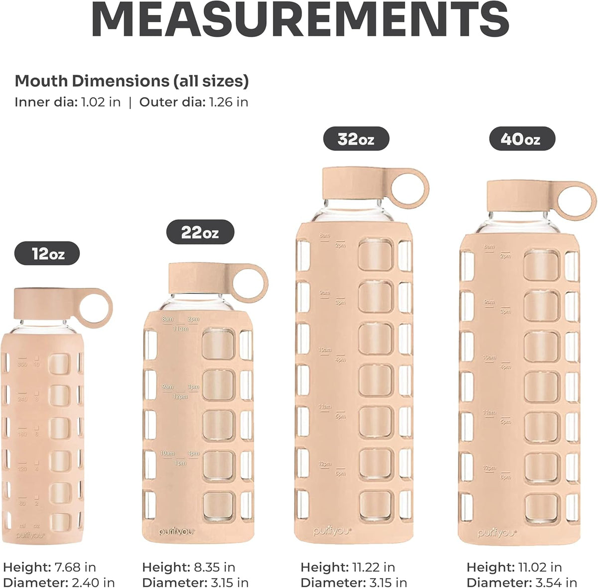 purifyou 40oz / 32oz / 22oz / 12oz Borosilicate Glass Water Bottle with Time & Volume Markers, Silicone Sleeve, Stainless Steel Lid – Reusable Glass Bottle for Water & Juice (40oz Hazelnut)