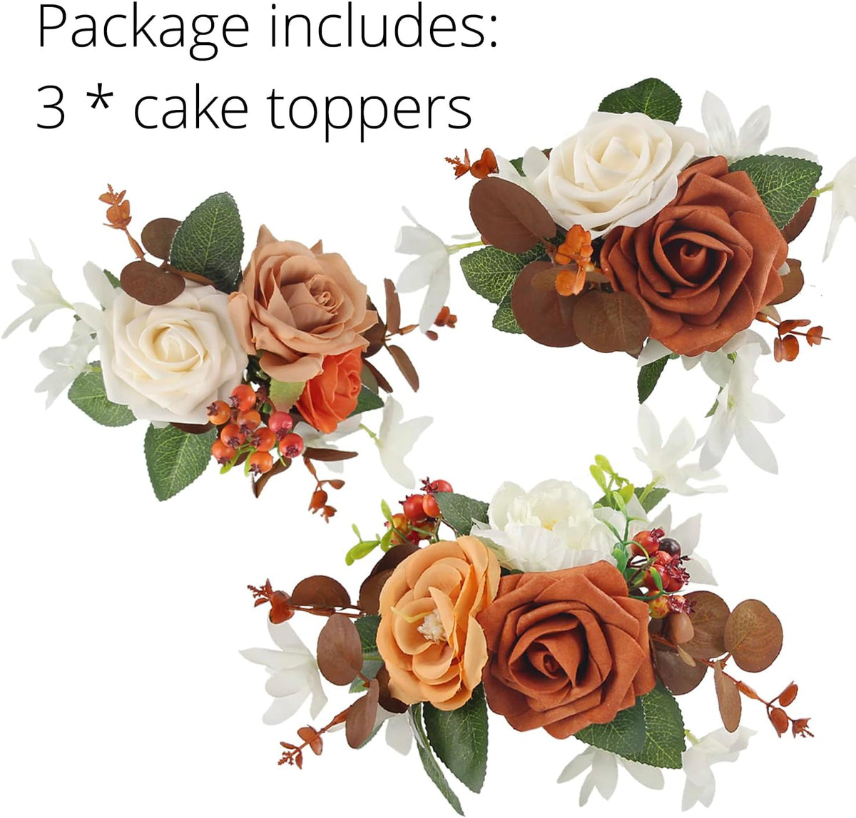 Rinlong 3Pcs Cake Topper Set Artificial Flowers for Cake Decor Burnt Orange Fall Wedding Cake Decorating Flowers for Baby Shower Birthday Party