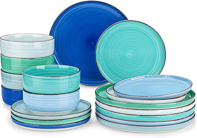 vancasso Bonita Dinnerware Sets 18 Pieces, Blue Stoneware Dishes Set for 6, Plates Set and Bowls Sets, Dishwasher and Microwave Safe