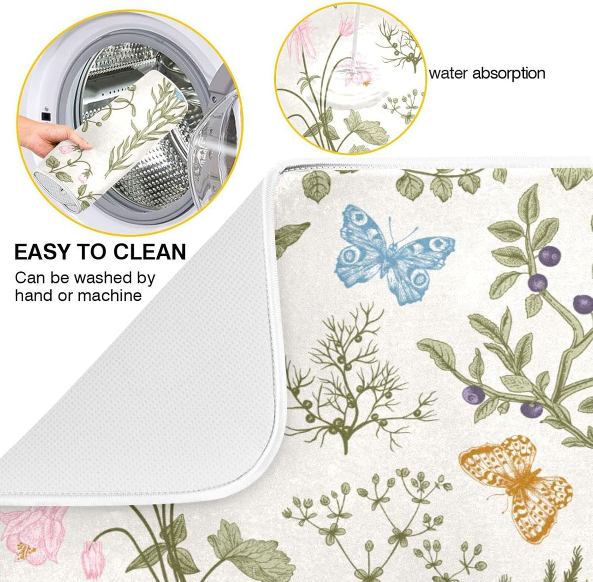 Herbs Flowers Botanical Butterfly Dish Drying Mat for Kitchen Counter Absorbent Microfiber Drying Pad, Large 18x24 in, Reversible Drainer Mats