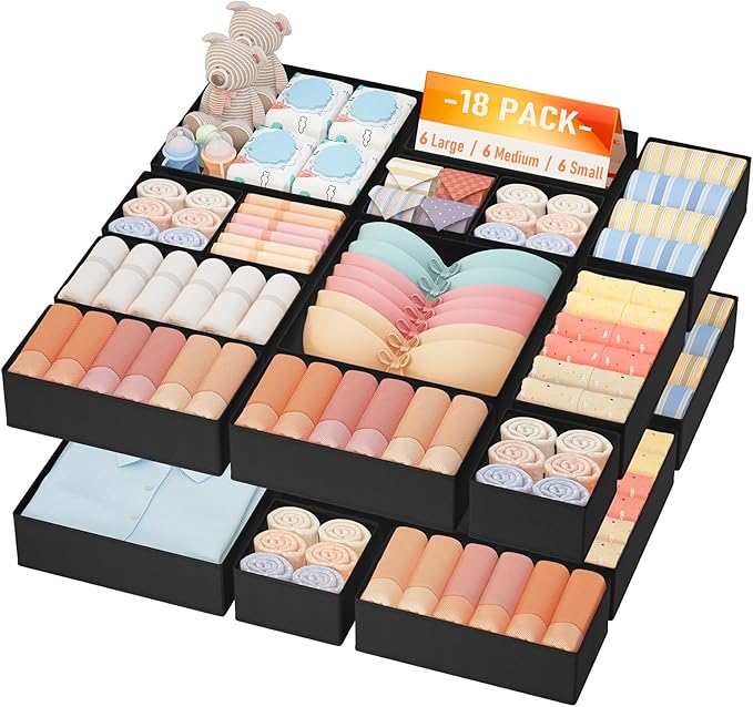 DIMJ Drawer Organizer Clothes Storage- 18 Pack Baby Dresser Organizer for Nursery, Foldable Closet Drawer Organizer Bins for Bedroom Organization, Fabric Storage Dividers for Socks, Underwears, Bras