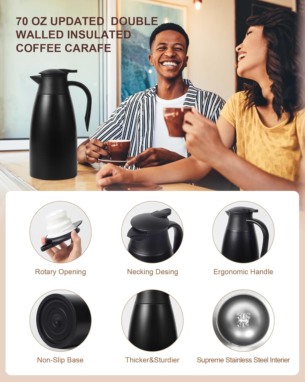 70oz Thermal Coffee Carafe for keeping hot,Updated Carafes for hot liquid, Stainless Steel Insulated Thermal Pot for Coffee, Hot Water,Keep Hot 12 Hours (Black 2.1 L)