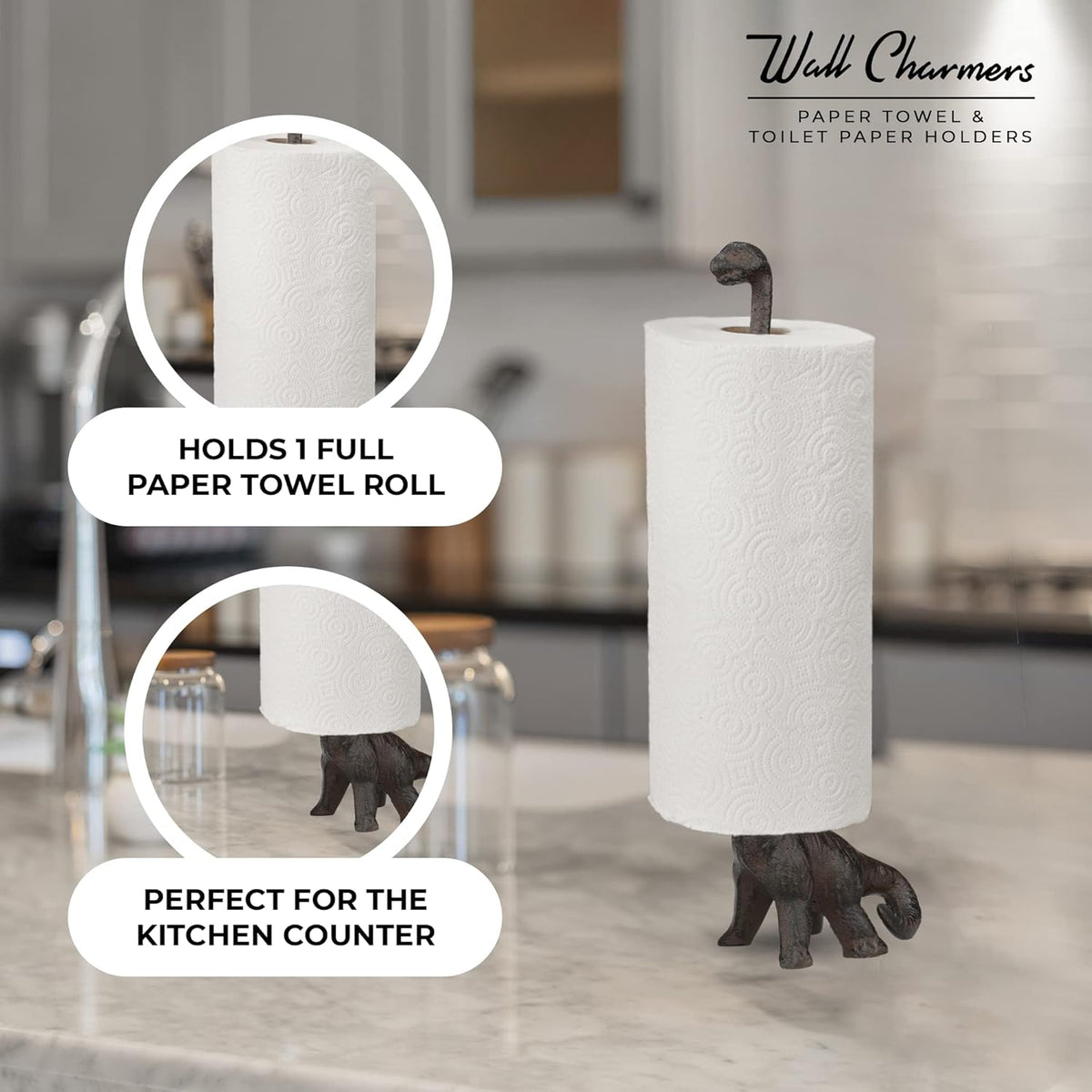 WallCharmers Rustic Paper Towel Holder, Metal Toilet or Kitchen Paper Holder for Floor or Countertop, Rustic Dino
