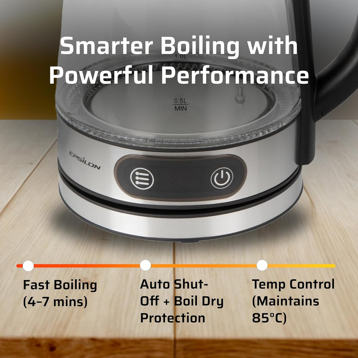 Epsilon 1.8L Glass Electric Kettle – Hot Water Tea Kettle with Borosilicate Glass & Stainless Steel, Auto Shut-Off, Fast Boil 1500W Electric Teapot, BPA-Free, Cool Touch Base