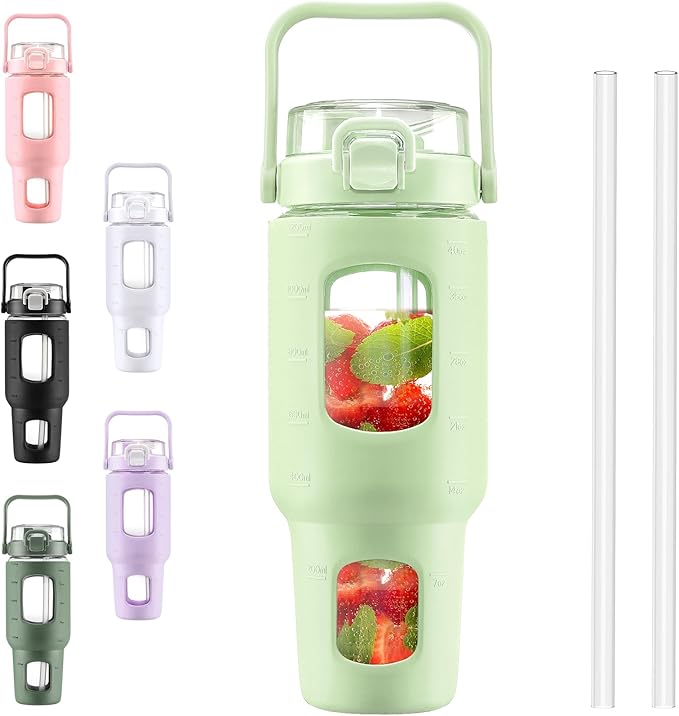 BLUEGO 40 oz Glass Water Bottles with Straw Time Marker, Glass Tumbler with Handle Top Lids, Easy to Clean, Fits in Car Cup Holder, Leakproof Jug for Gym, Sports, Workout & Daily, Green