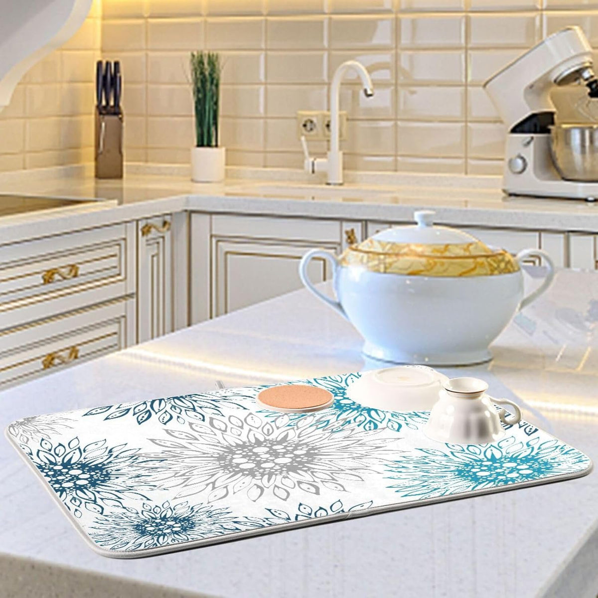 Abstract Flowers Sunflowers Dish Drying Mat for Kitchen Counter Absorbent Microfiber Drying Pad, Medium 16x18 in, Blue White Reversible Drainer Mats