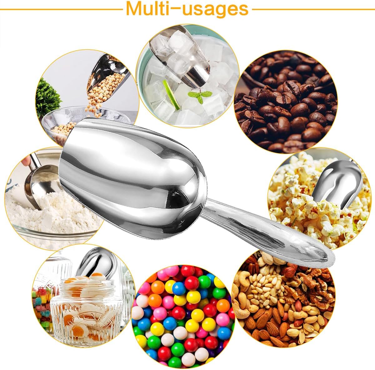 Metal Ice Scoop，Kitchen Ice Scooper for Ice Maker,Stainless Steel Small Ice Scooper for Freezer，Kitchen Gadgets Cookie Flour Pet Dog Food Scoop (Curved handle silver, 6OZ)