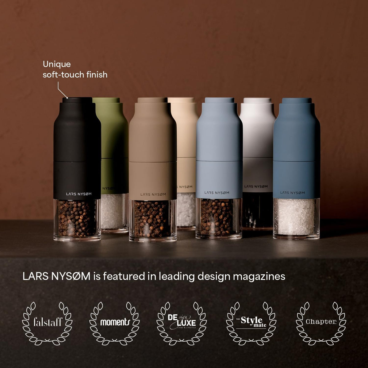 LARS NYSØM Salt and Pepper Grinder Set, Stainless Steel Manual Salt and Pepper Mills, Adjustable Ceramic Grinder, Design Spice Shakers (Ash Gray)