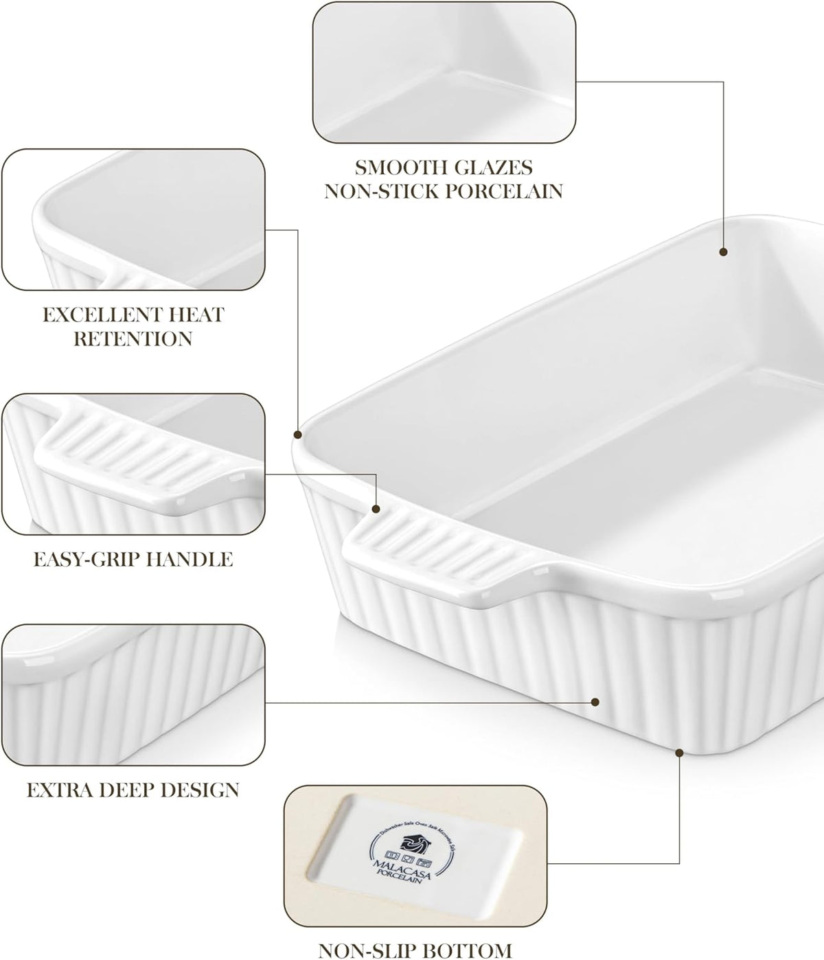 MALACASA 4.4 QT Baking Dish, 9x13 Large Casserole Dish for Oven, Ceramic Baking Pan, Rectangular Lasagna Pan Deep with Handles for Baking, Durable Microwave Oven Safe, Wedding Gift,White, Series BAKE-BAKE
