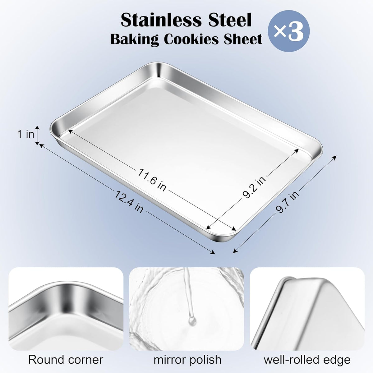 E-far Stainless Steel Baking Sheets Set of 3, 12.4” x9.7” Baking Cookie Sheets Pans for Oven, Non-toxic Metal Trays for Cake Cookies, Healthy & Rust Free, Mirror Finish & Dishwasher Safe
