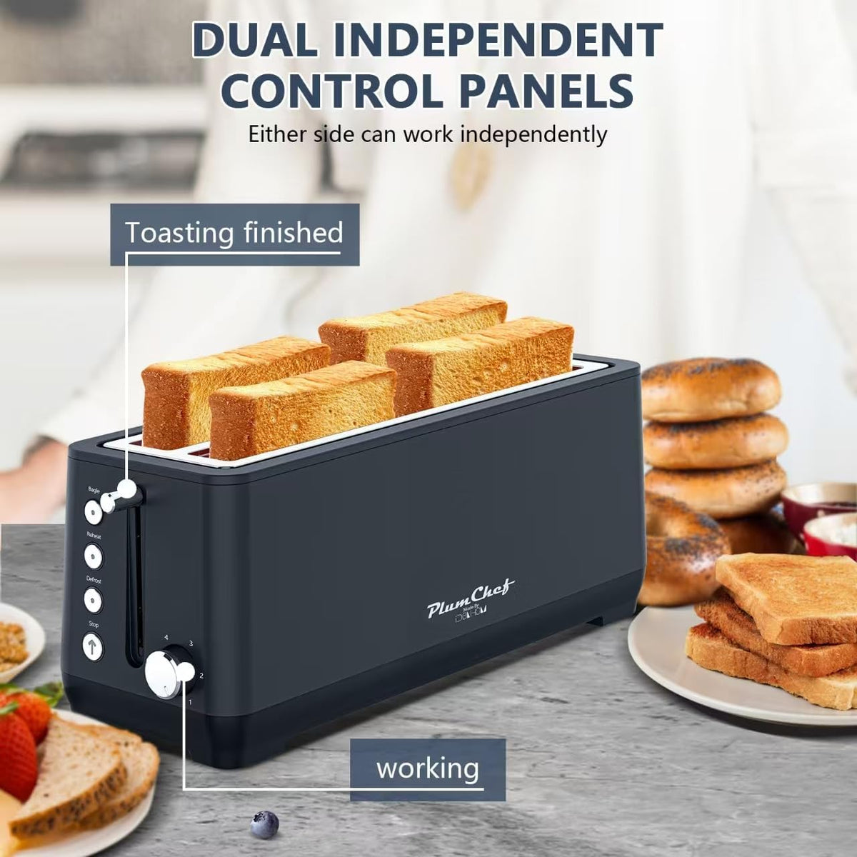 4-Slice Toaster, Extra Wide Long Slot Toaster with Warming Rack, 6 Browning Settings, Bagel/Defrost/Reheat Functions, Removable Crumb Tray, Stainless Steel Housing 1350W (1, Matte Blue)
