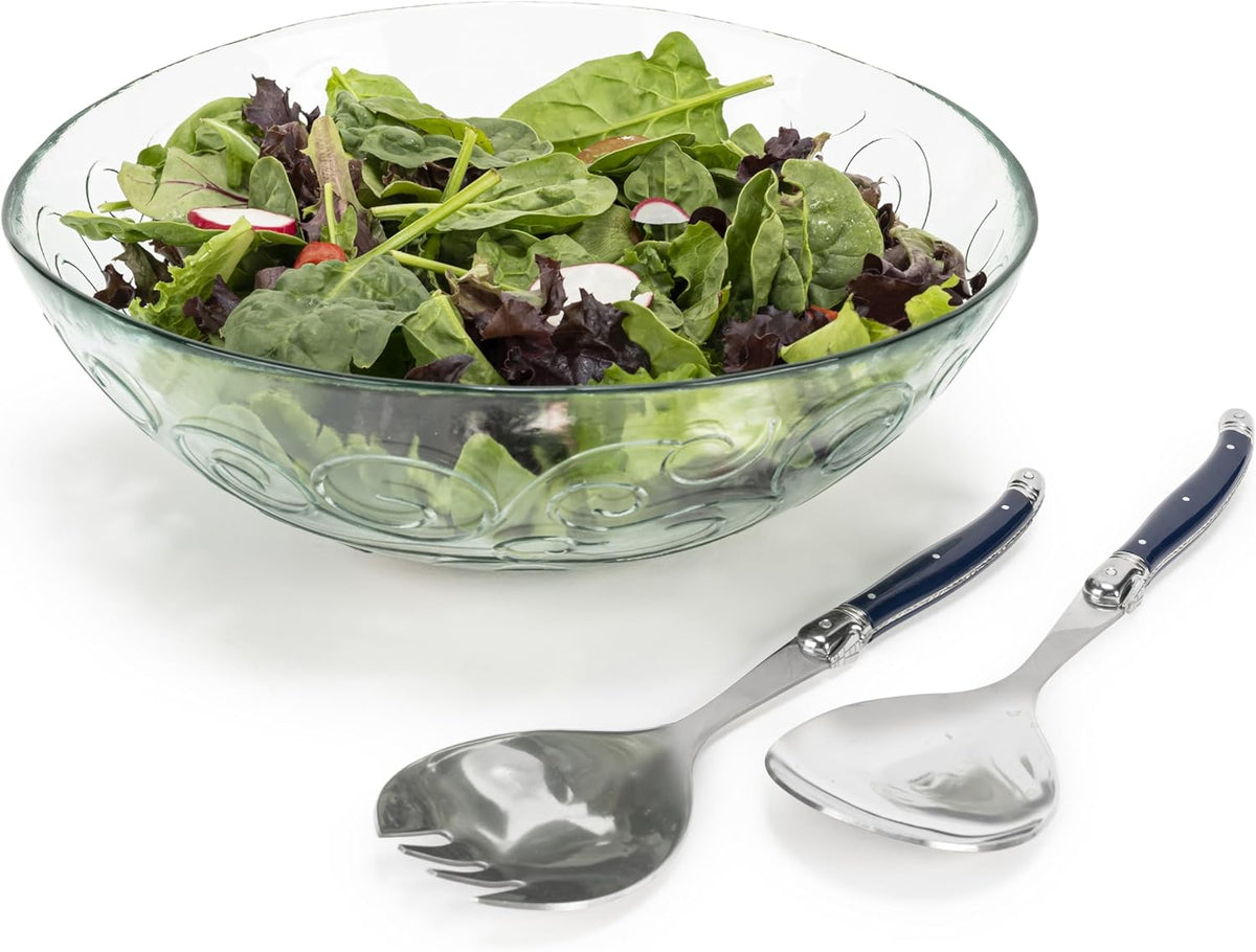 French Home Recycled Glass Celebration Salad Bowl Set – Salad Bowls with Laguiole Navy Handle Salad Servers – Elegant Kitchen Set for Your Hosting Essentials