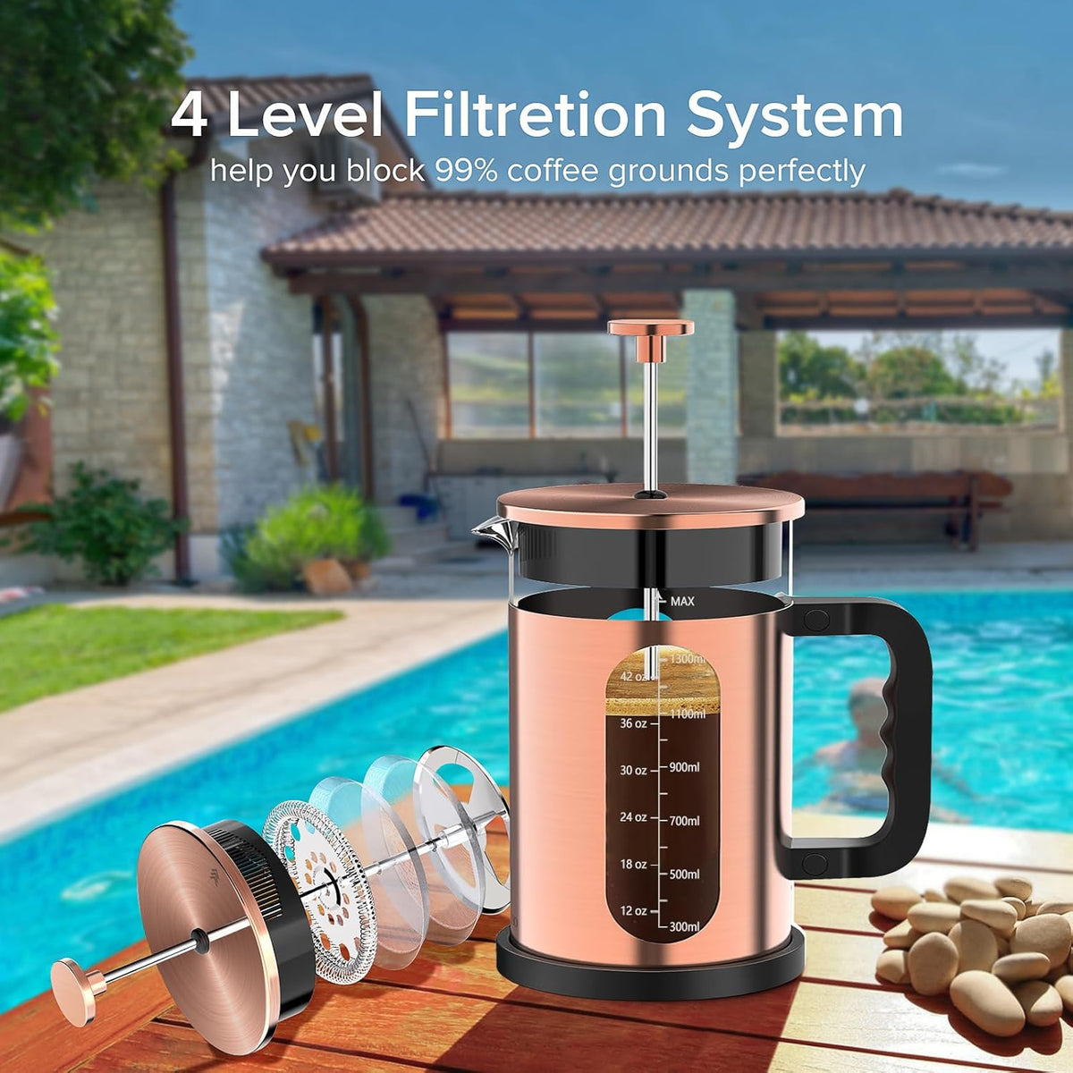 QUQIYSO French Press Coffee Maker 51oz 304 Stainless Steel French Press with 4 Filter, Borosilicate Glass Coffee Press