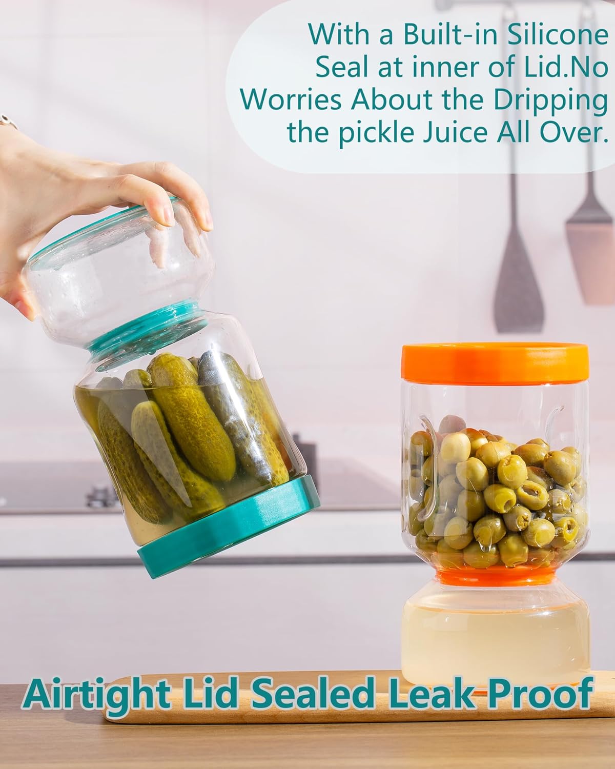 ZENS Pickle Jar with Strainer Flip, 2 Pack 51oz Pickle Container Pickle Juice Separator Hourglass Jar for Olive Keeper, Leakproof Pickle Holder Jars for Pickling Dill Sliced Storage, Gifts for Mom