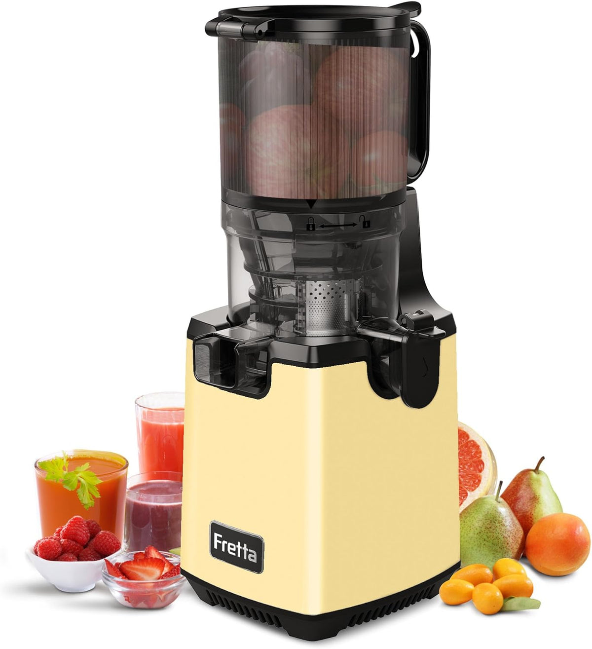 Cold Press Juicer Machines,Fretta 5.3'' Self Feeding Slow Masticating Juicers Fit Whole Fruits & Vegetable Easy Clean Juice Extractor,Tritan Material BPA Free 250W (Yellow)