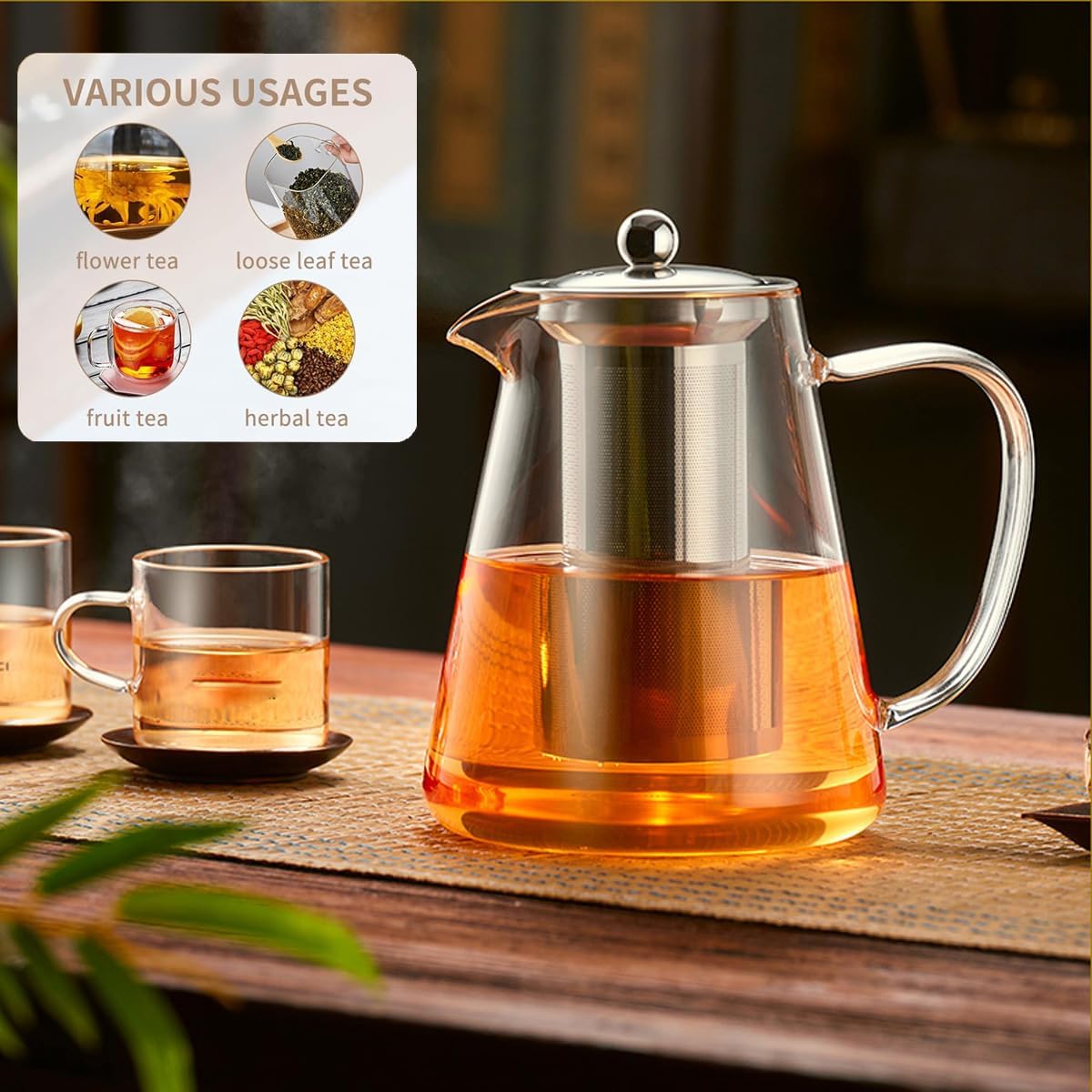 Glass Teapot (32oz/950ml) MJZQCD with Removable Stainless Steel Infuser,Glass Tea Pot transparent Stovetop tea Kettle,Blooming and Loose Leaf Tea Maker,Microwave & Dishwasher Safe