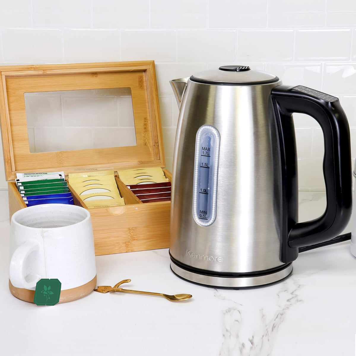 Kenmore Electric Kettle - Cordless Digital Calentador De Agua, Stainless Steel Instant Tea Pot, Preset Temperature Control, Automatic Shut-Off, Rapid Boil, Hot Water Boiling Heater, 1.7 Liter Silver