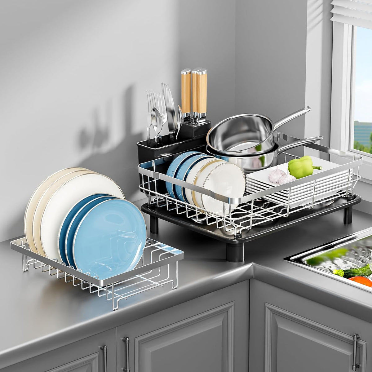 MOUKABAL Dish Drying Rack - 2 Tier Stainless Steel Dish Rack, Dish Racks for Kitchen Counter, Drying Rack Kitchen with Removable Utensil Holder and Drainboard (Black)